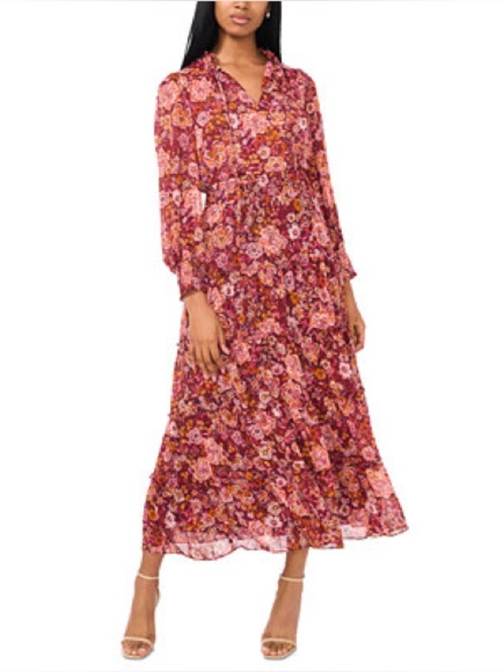 MSK Floral Maxi Tie Neck Tiered Dress